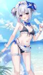  1girl :d amane_kanata angel_wings apron bikini black_bikini blue_bow blue_bowtie blue_hair blue_sky bow bowtie breasts center-flap_bangs cleavage cloud colored_inner_hair commentary_request contrapposto day detached_collar double-parted_bangs double_bun feathered_wings food frilled_apron frilled_bikini frilled_shirt_collar frilled_thigh_strap frills front-tie_bikini_top front-tie_top grey_hair hair_bun halo highleg highleg_bikini highres holding holding_food holding_popsicle holding_swim_ring hololive looking_at_viewer maid maid_bikini maid_headdress mini_wings multicolored_hair navel open_mouth outdoors pink_streaks popsicle purple_eyes reityana short_hair single_hair_intake sky small_breasts smile solo standing star_halo stomach streaked_hair swim_ring swimsuit thigh_strap tilted_halo unconventional_maid virtual_youtuber waist_apron white_wings wings 