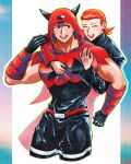  2boys belt black_eyes black_gloves black_pants bodysuit closed_eyes commentary_request dazzling3ti fake_horns gloves hair_between_eyes highres hood hood_up horned_hood horns hug hug_from_behind male_focus maxie_(pokemon) multiple_boys muscular muscular_male open_mouth pants pokemon pokemon_ruby/sapphire/emerald purple_hair red_belt red_hair ribbed_bodysuit short_hair smile tabitha_(pokemon) team_magma team_magma_uniform teeth yaoi 