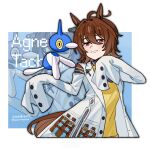  1girl agnes_tachyon_(tach-nology)_(umamusume) agnes_tachyon_(umamusume) ahoge alternate_color animal_ears black_necktie blush brown_hair character_name chemical_structure coat colored_sclera commentary_request cork earrings hair_between_eyes horse_ears horse_girl horse_tail jewelry lab_coat long_sleeves necktie open_mouth pokemon pokemon_(creature) porygon-z red_eyes saramiao-chan shiny_pokemon shirt short_necktie single_earring sleeves_past_fingers sleeves_past_wrists smile sweater sweater_vest tail test_tube umamusume white_coat wolf_cut yellow_eyes yellow_sclera yellow_sweater yellow_sweater_vest zoom_layer 
