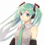  bare_shoulders blue_eyes detached_sleeves green_hair hatsune_miku io_(sinking=carousel) long_hair necktie simple_background smile solo twintails upper_body vocaloid white_background 