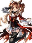  1girl :d absurdres angelina_(arknights) angelina_the_mellow_wish_(arknights) animal_ear_fluff animal_ears arknights black_collar black_gloves black_hairband black_thighhighs breasts brown_hair chinese_commentary collar commentary_request detached_sleeves dot_nose dress earpiece fang foot_out_of_frame fox_ears fox_girl gloves hair_between_eyes hairband hand_up highres infection_monitor_(arknights) long_hair long_sleeves looking_at_viewer multicolored_hairband open_mouth pleated_dress qielmy red_dress red_eyes short_dress simple_background small_breasts smile solo standing standing_on_one_leg thighhighs twintails two-tone_hairband v v_over_eye white_background white_dress 