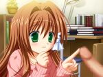  1boy 1girl book book_stack bookshelf brown_hair censored chair clenched_hand closed_mouth clover_point collarbone desk game_asset green_eyes hair_intakes hair_ribbon inamori_mahoshi lamp long_hair looking_at_penis mosaic_censoring non-web_source penis pink_sweater plant pointing potted_plant ribbon self-datamine sweater tress_ribbon white_ribbon yuyi 