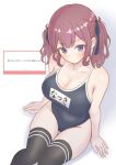  1girl black_one-piece_swimsuit black_ribbon black_thighhighs breasts brown_hair cleavage collarbone commentary_request groin hair_ribbon highres looking_at_viewer natsuki_karin one-piece_swimsuit purple_eyes request_inset ribbon shiro_noe sitting solo swimsuit synthesizer_v thighhighs translation_request twintails 