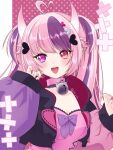  1girl ahoge akanejade bell blush bow breasts cleavage commentary demon_girl demon_horns gradient_horns hair_ornament heart heart_ahoge heart_hair_ornament heterochromia highres horns indie_virtual_youtuber ironmouse jacket jingle_bell long_hair looking_at_viewer multicolored_hair multicolored_horns multicolored_jacket neck_bell open_mouth pink_hair pink_horns pink_jacket purple_bow purple_eyes purple_hair purple_jacket purple_streaks red_eyes red_nails solo streaked_hair twintails untranslatable_commentary virtual_youtuber white_horns 