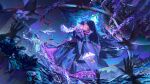  1girl absurdres alin_leng_bu_sheng bird blue_cape blue_capelet blue_dress cape capelet card chinese_commentary commentary_request cool_colors crescent crescent_pendant crow dress dutch_angle foliage from_side gown highres holding holding_card long_dress long_hair long_sleeves looking_at_viewer looking_to_the_side magic moon night original outdoors parted_lips pink_hair pink_lips playing_with_own_hair print_dress sideways_glance sky solo star_(sky) starry_sky water wide_sleeves 