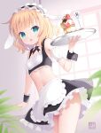  1girl :o animal_ears apron black_cross_tie black_hairband black_skirt black_wrist_cuffs blonde_hair blue_eyes blush breasts cafe center_frills commentary_request cowboy_shot cream cross_tie dessert detached_collar detached_sleeves fake_animal_ears fleur_de_lapin_uniform floppy_ears food frilled_apron frilled_hairband frilled_shirt frilled_skirt frills fruit gochuumon_wa_usagi_desu_ka? hairband hand_up highres holding holding_tray indoors jar kirima_syaro kurasawa_kyoushou lolita_hairband looking_at_viewer maid navel open_mouth plant rabbit_ears shirt short_hair skirt small_breasts solo spoon strawberry summer_uniform tray underbust waist_apron waitress white_apron window wrist_cuffs 