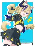  1girl :d animal_ear_fluff animal_ears animal_hands belt_collar black_jacket black_skirt black_thighhighs blonde_hair blue_eyes braid braided_hair_rings brown_choker choker collar commentary crop_top cropped_jacket dog_ears dog_girl dog_tail fang fang_out flat_chest flower girls_revolution_project gloves hair_over_one_eye hair_rings horns jacket kamitsubaki_studio kemonomimi_mode layered_sleeves long_sleeves low_twintails midriff multicolored_hair navel one_eye_covered paw_gloves pleated_skirt purple_hair purple_streaks short_hair skindentation skirt smile streaked_hair tail takasaka_light thighhighs twintails untranslatable_commentary yellow_flower yunagi_(girls_revolution_project) 