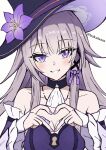  1girl absurdres bare_shoulders black_hat blush breasts brown_hair choker commentary_request detached_sleeves flower hat hat_flower herta_(honkai:_star_rail) highres honkai:_star_rail honkai_(series) jewelry key key_choker key_necklace long_hair looking_at_viewer necklace purple_choker purple_eyes purple_flower purple_nails purple_ribbon ribbon smile solo take_(take96254) the_herta_(honkai:_star_rail) witch_hat 