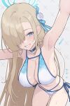  1girl armpits arms_up asuna_(blue_archive) bare_shoulders bikini blonde_hair blue_archive blue_bikini blue_eyes blush breasts choker cleavage commentary_request dan_(kumadan) gradient_bikini grin hair_over_one_eye halo highres large_breasts long_hair looking_at_viewer navel smile solo swimsuit white_bikini 