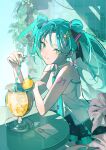  1girl absurdres aqua_eyes aqua_hair aqua_necktie bare_shoulders cocktail_glass commentary cup double_bun drinking_glass drinking_straw eliza_yye flower hair_bun hair_ornament hairclip hatsune_miku highres long_hair monstera_deliciosa necktie number_tattoo pleated_skirt shirt shoulder_tattoo sitting skirt sleeveless sleeveless_shirt smile solo spoon summer tattoo tile_wall tiles vocaloid white_shirt 