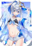  123haruno_oto 1girl absurdres adjusting_hair alternate_hairstyle amane_kanata bikini bikini_ribbon bikini_shorts bikini_top_only black_bikini blue_eyes blue_hair blue_nails blue_ribbon blush border breasts colored_inner_hair commentary cowboy_shot dog_tags dot_nose frilled_bikini frills grey_hair hair_between_eyes hair_tie_in_mouth halo highres holding_own_hair hololive long_sidelocks looking_at_viewer missing_wings mouth_hold multicolored_hair navel outdoors outside_border pink_streaks ponytail ribbon ribs see-through_clothes short_shorts shorts sidelocks small_breasts solo star_halo stomach streaked_hair swimsuit tilted_halo virtual_youtuber white_border white_shorts 