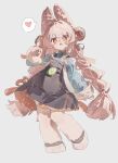  1girl absurdres animal_ear_fluff animal_ears animal_feet black_dress blunt_ends braid braided_twintails bright_pupils chinese_commentary commentary_request dress full_body furry furry_female grey_background hair_between_eyes hair_ornament hand_up heart highres long_hair long_sleeves looking_at_viewer mandarin_collar mengaijiang924 open_mouth pink_fur pink_hair rabbit_ears rabbit_girl red_eyes short_eyebrows simple_background solo speech_bubble sphere_hair_ornament spoken_heart standing teeth upper_teeth_only white_pupils zenless_zone_zero zhao_(zenless_zone_zero) 