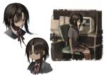  1girl absurdres asymmetrical_sidelocks blue_shirt brown_eyes brown_shorts chair closed_mouth collared_shirt commentary computer computer_keyboard cropped_torso desk eliot_(eokaitekaite969) from_side frown grey_jacket hair_ornament highres iwakura_lain jacket monitor multiple_views neck_ribbon ribbon serial_experiments_lain shirt short_hair shorts sidelocks sitting smile sweat t-shirt white_shirt window_(computing) x_hair_ornament 