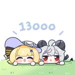 :o ahoge black_bow black_horns blonde_hair bow chibi chibi_only closed_eyes commentary_request curled_horns demon_tail facing_viewer grey_hair hair_between_eyes hair_bow hair_ornament hat highres horns looking_at_viewer multiple_girls open_mouth phoebe_(wuthering_waves) red_eyes simple_background smile striped_bow syurikenmaru tail white_background white_hair white_hat wuthering_waves x_hair_ornament zani_(wuthering_waves) 