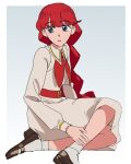  1girl blue_eyes braid collared_dress dress lara_(sayonara_lara) long_hair long_sleeves miyaso_(umakunaritai2) parted_lips red_hair sayonara_lara single_braid sitting solo very_long_braid very_long_hair white_dress 