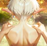  1boy 1girl back blush couple ear_blush earrings elf from_behind hands_on_another's_shoulders jewelry lens_flare long_pointy_ears median_furrow mixed-sex_bathing mushoku_tensei nape nude onsen outdoors pixiv_username pointy_ears pov raumaru rudeus_greyrat shared_bathing short_hair shoulder_blades solo_focus sylphiette_(mushoku_tensei) topless_female tree twitter_username watermark white_hair 