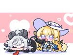  2girls :3 black_bow black_gloves black_horns blonde_hair blush bow chibi chibi_only closed_eyes closed_mouth commentary_request curled_horns demon_tail dress gloves hat heart horns licking long_hair multiple_girls necktie phoebe_(wuthering_waves) pink_background purple_eyes red_necktie striped_bow syurikenmaru tail tongue tongue_out two-tone_background very_long_hair white_dress white_hair white_hat wuthering_waves zani_(wuthering_waves) 