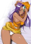  areola_slip areolae blush breasts brown_eyes circlet covered_nipples dark_skin dragon_quest dragon_quest_iv earrings highres jewelry large_breasts long_hair looking_at_viewer lying minea mitarashi_kousei on_bed on_side panties parted_lips pillow purple_hair sideboob solo underwear white_panties 