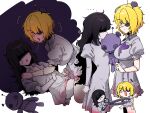  2girls after_kiss between_breasts black_hair blonde_hair blood blood_stain breast_envy breasts co_duck commentary don_quixote_(project_moon) dress e.g.o_(project_moon) eyepatch girl_sandwich highres i'll_go_fer_scissors._how_'bout_you?_(e.g.o) large_breasts limbus_company messy_hair multiple_girls project_moon saliva saliva_trail sandwiched scissors untranslatable_commentary will_you_play? yuri 