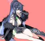  1girl absurdres animal_ears black_bridal_gauntlets blue_archive blue_hair blue_halo breasts bridal_gauntlets character_name chinese_clothes cleavage clothing_cutout commentary_request diamond_cutout dress english_text floral_print full_body fur_trim green_eyes haimura_kiyotaka hair_ornament halo highres large_breasts long_hair lying multicolored_hair pelvic_curtain qipao shun_(blue_archive) side_slit solo striped_clothes striped_dress tiger_ears tiger_girl two-tone_hair vertical-striped_clothes vertical-striped_dress weapon 