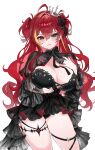  1girl absurdres ahoge akane_lize black_bow black_bowtie black_dress black_eyes black_panties black_ribbon black_shrug blonde_streaks blush bow bowtie breasts cleavage closed_mouth commentary_request cowboy_shot crown double-parted_bangs dress hair_between_eyes hair_intakes hair_ribbon hand_on_own_chest high-low_dress highres jwi_811 korean_commentary lace-trimmed_dress lace_trim large_breasts long_bangs long_hair long_sleeves mini_crown mole mole_under_eye multicolored_hair panties red_hair ribbon see-through_clothes see-through_shrug shrug_(clothing) simple_background small_sweatdrop solo standing stellive strapless strapless_dress streaked_hair thigh_strap two_side_up underwear very_long_hair virtual_youtuber wavy_hair wavy_mouth white_background 