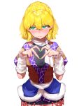  1girl absurdres arm_warmers black_undershirt blonde_hair blush brown_shirt closed_mouth commentary_request frilled_arm_warmers frills green_eyes green_nails heart heart_hands highres mizuhashi_parsee scarf shirt short_hair short_sleeves simple_background skirt solo suwa_(au_swap) touhou white_arm_warmers white_background white_scarf 