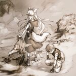  1boy 1girl animal_ears bag belt blood blurry blurry_background closed_mouth commentary_request corpse dust fantasy fingerless_gloves fox_ears fox_girl fox_tail full_body gloves handbag highres holding holding_detached_head hooded_robe injury jun_(navigavi) long_hair looking_to_the_side monochrome monster on_one_knee original pants parted_lips robe sandals shirt short_hair short_sleeves sketch standing sweatdrop tail very_short_hair 