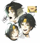  ! !! 1boy absurdres ahoge asaba_harumasa black_choker black_hair choker closed_eyes commentary_request earrings fangs headband hhhye_tw highres hoshimi_miyabi jewelry looking_ahead male_focus parted_bangs portrait short_hair sidelocks simple_background smile teeth white_background yellow_eyes yellow_headband zenless_zone_zero 