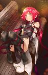  1boy absurdres arms_behind_back bdsm bench black_thighhighs bondage bound breasts commentary_request feet hair_ornament hairclip highres indoors long_hair looking_at_viewer lying original red_eyes red_hair shibari solo thighhighs toes twintails wooden_bench yewang19 