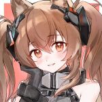 1girl angelina_(arknights) animal_ears arknights arknights:_endfield bare_shoulders black_gloves bracelet brown_hair close-up commentary commission dot_nose double-parted_bangs elbow_gloves fox_ears fox_girl gilberta_(arknights) gloves grin hair_between_eyes hand_on_own_head headgear high_collar jewelry long_hair looking_at_viewer orange_eyes smile solo twintails untranslatable_commentary upper_body xinjinjumin7397081 