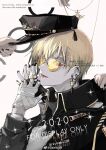  1boy bandaged_hand bandages black_hat black_jacket black_nails blonde_hair carriann000 collared_jacket colored_eyelashes dated ear_piercing earrings from_side glint hair_between_eyes hand_up hat highres holding holding_unworn_clothes jacket jewelry long_sleeves looking_at_viewer lower_teeth_only male_focus multiple_rings nail_polish official_alternate_costume open_mouth original peaked_cap piercing red_eyes ring short_hair simple_background smile solo_focus steepled_fingers sunglasses tassel teeth tinted_eyewear upper_body watermark weibo_watermark white_background 