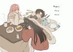  1boy 3girls absurdres animal_ears asaba_harumasa black_hair blue_oni blue_skin cat closed_eyes coffee coffee_mug colored_skin commentary cup donut drooling english_text food fox_ears fox_girl fruit glasses hair_between_eyes happy_new_year hhhye_tw highres horns hoshimi_miyabi kotatsu long_hair mandarin_orange mug multiple_girls oni open_mouth pillow pink_eyes pink_hair saliva short_hair simple_background smile soukaku_(zenless_zone_zero) sweater table tsukishiro_yanagi untranslatable_commentary white_background white_cat white_hair zenless_zone_zero 
