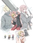  1girl 2boys 80850love_fu black_jacket blazefire_saber blonde_hair buster_sword cloud_strife cloud_strife_(urban_wolf) coat commentary_request dissidia_duellum_final_fantasy dissidia_final_fantasy final_fantasy final_fantasy_vii final_fantasy_xiii final_fantasy_xv flying_sweatdrops grey_shirt highres holding holding_photo holding_sword holding_weapon jacket lightning_farron lightning_farron_(modern_jacket) long_hair motion_lines multiple_boys official_alternate_costume open_clothes open_jacket pants photo_(object) pink_hair prompto_argentum prompto_argentum_(friendly_photographer) puff_of_air red_pants shirt short_hair sweatdrop sweater sword trembling turtleneck turtleneck_sweater twitter_username weapon 
