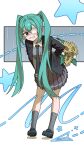  1girl aqua_hair arms_behind_back black_eyes black_jacket black_necktie black_shoes bouquet brown_skirt collar commentary dot_nose eyepatch flower freckles full_body grey_socks grin hair_between_eyes hair_intakes hatsune_miku highres holding holding_bouquet jacket leaning_forward light_blush long_hair medical_eyepatch monitoring_(vocaloid) necktie paper_airplane pleated_skirt ranari shoes sidelocks skirt smile socks solo star_(symbol) sunflower tie_clip twintails very_long_hair vocaloid white_collar wing_collar 
