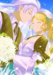  1boy 1girl alternate_costume blonde_hair blue_sky bouquet breasts bridal_veil castti_florenz closed_eyes commentary_request falling_petals flower fuwarenren glowing_flower grey_hair hetero highres holding holding_bouquet octopath_traveler octopath_traveler_ii petals short_hair sky smile standing suit temenos_mistral veil white_flower white_petals 