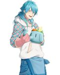  1boy absurdres animal-shaped_watering_can blue_hair blue_pants brown_eyes commentary_request dramatical_murder gloves highres hood hood_down hoodie kuwa_ayase long_hair looking_at_viewer male_focus open_mouth pants pink_gloves seragaki_aoba simple_background smile solo teeth transparent_background watering_can 