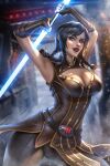  1girl artist_name ayya_sap black_hair blue_eyes blue_lightsaber breasts brown_gloves brown_pants brown_shirt cleavage_cutout clothing_cutout double_bladed_lightsaber energy_sword fingerless_gloves gloves holding holding_sword holding_weapon lightsaber medium_breasts pants patreon_username satele_shan shirt sleeveless sleeveless_shirt solo star_wars star_wars:_the_old_republic sword weapon web_address 