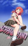  1girl absurdres ahoge aircraft airplane blue_sky blush bocchi_the_rock! bow brown_shoes cloud commentary cube_hair_ornament day english_text falling from_below full_body gotoh_hitori gotoh_hitori_(tsuchinoko) green_eyes hair_between_eyes hair_ornament highres jitome kita_ikuyo long_hair one_side_up open_mouth outdoors pleated_skirt red_bow red_eyes school_uniform shoes short_sleeves shuka_high_school_uniform side_ahoge sim_evo sitting sitting_on_wall skirt sky smile socks thighs tsuchinoko white_socks 