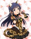  1girl :o animal_ears animal_print arm_strap black_hair blue_eyes breasts card_commentary commentary_request cowboy_shot dress fake_animal_ears fake_tail fingerless_gloves frilled_dress frills fur_collar game_asset gaogao_leopard_(idolmaster) gloves hands_up idolmaster idolmaster_million_live! idolmaster_million_live!_theater_days leopard_ears leopard_print leopard_tail long_hair looking_at_viewer mogami_shizuka o-ring o-ring_arm_strap official_alternate_costume official_art print_dress print_gloves short_dress sleeveless sleeveless_dress solo standing tail third-party_source 
