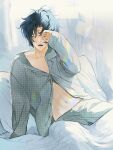  1boy absurdres asaba_harumasa bed black_hair blanket closed_eyes commentary_request cowboy_shot hhhye_tw highres indoors male_focus navel open_mouth parted_bangs pillow rubbing_eyes short_hair sidelocks sleepy solo squeans zenless_zone_zero 
