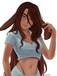  1girl absurdres alien_stage breasts brown_hair cleavage collared_shirt commentary crop_top cropped_shirt dark-skinned_female dark_skin english_commentary floppy_ears grey_eyes grey_shirt highres hyuna_(alien_stage) long_hair navel one_eye_closed panty_straps rabbit_girl shirt signature solo sora6291 thick_eyebrows very_long_hair white_background 