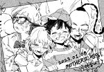  1girl 3boys 3others arm_up bac0n_pancakes bandage_on_cheek bandage_on_nose bandages bare_arms baseball_cap black_hair blank_eyes blunt_bangs bow bowtie braid braided_ponytail broken_eyewear buttons closed_eyes collar commentary_request dirty dirty_face doseisan double-parted_bangs dress english_text facing_viewer frayed_clothes frilled_collar frills greyscale grin group_picture hair_bow half-closed_eyes hand_on_another's_shoulder happy hat heroes'_gallery inset_border jeff_andonuts korean_text layered_clothes long_hair long_sleeves lower_teeth_only medium_hair messy_hair monochrome mother_(series) mother_2 multiple_boys multiple_others ness_(mother_2) nightcap open_collar open_mouth paula_(mother_2) poo_(mother_2) puffy_short_sleeves puffy_sleeves rectangular_eyewear screentones shaved_head shirt short_hair short_sleeves smile striped_clothes striped_shirt sweatdrop tearing_up teeth thick_eyebrows timestamp turning_head upper_body v-neck 