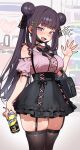  1girl :d absurdres bag bare_shoulders black_bow black_bowtie black_choker black_hair black_thighhighs bow bowtie breasts can choker double_bun ebora fate/grand_order fate_(series) garter_straps hair_bun heart heart_choker highres holding holding_can jirai_kei long_hair looking_at_viewer mask mask_pull medium_breasts mouth_mask romaji_commentary shoulder_bag skindentation smile solo strong_zero thighhighs waving yang_guifei_(fate) zettai_ryouiki 