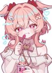  1girl bare_shoulders baskin-robbins blush closed_mouth clothing_cutout commentary_request crumbs cup diamond-shaped_pupils diamond_(shape) eating food genshin_impact hair_intakes hair_ribbon head_wings highres holding holding_cup holding_spoon ice_cream jewelry linnea_(baskin-robbins)_(genshin_impact) linnea_(genshin_impact) official_alternate_costume pink_eyes pink_hair pink_wings pointy_ears red_ribbon ribbon see-through_clothes see-through_sleeves shoulder_cutout sidelocks solo spoon symbol-shaped_pupils tenchan_080515 upper_body wings wolf_cut 