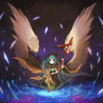  1girl aqua_hair blurry blurry_edges cape cloak closed_mouth commentary_request fantasy feathered_wings full_body green_eyes green_robe highres holding holding_staff hood hood_down hooded_cape hydrokinesis jun_(navigavi) lips long_hair long_sleeves looking_at_viewer nose orange_cape original purple_background robe seiza sitting solo staff torn_cloak torn_clothes very_long_hair water white_wings wide_sleeves wings 