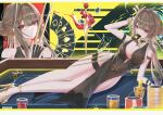  1girl absurdres bare_shoulders between_fingers black_dress bracelet breasts brown_hair card card_in_mouth chinese_commentary cleavage commentary_request cup dagger dress drinking_glass dsr-50_(girls'_frontline) girls'_frontline girls'_frontline_2:_exilium gold_necklace hair_intakes highres holding holding_knife holster jewelry knife knives_between_fingers large_breasts long_hair looking_at_viewer loreley_(girls'_frontline_2) lying mouth_hold necklace on_side playing_card red_eyes sleeveless sleeveless_dress stiletto_(weapon) thigh_holster weapon wine_glass zsha 