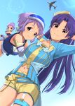  3girls aircraft airplane arm_behind_head blue_hair blue_shirt brown_eyes closed_mouth commentary_request cowboy_shot dual_persona from_below hakubaru hand_on_another's_shoulder hat idolmaster idolmaster_(classic) idolmaster_million_live! idolmaster_million_live!_theater_days jet_airliner kisaragi_chihaya kisaragi_chihaya_(dream_sky_attendant) little_mizuki long_hair looking_at_viewer makabe_mizuki mini_person minigirl multiple_girls navel official_alternate_costume purple_hair shirt short_hair shorts smile standing yellow_shorts 
