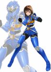  1girl absurdres armor black_bodysuit black_gloves blue_helmet blue_shorts bodysuit breasts brown_hair chouseishin_series clenched_hands commentary_request commission different_zoom_layer genseishin_justirisers gloves helmet highres juuta-rou lace-up_shorts leg_armor looking_at_viewer medium_breasts multiple_views pauldrons riser_kageri sanada_yuka shorts shoulder_armor simple_background skeb_commission smile tokusatsu vambraces white_background zoom_layer 