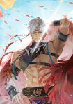  1boy abs absurdres aegyo_sal arm_ribbon asymmetrical_shirt bare_shoulders biceps black_gloves chest_belt chinese_commentary commentary_request crop_top fingerless_gloves gloves headband highres jewelry looking_at_viewer love_and_deepspace macchishiro male_focus muscular muscular_male necklace nose official_alternate_costume outdoors parted_bangs red_eyes red_headband ribbon short_hair smile solo sun sylus_(grassland_romance)_(love_and_deepspace) sylus_(love_and_deepspace) tooth_necklace white_hair 