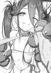  1girl absurdres animal_ears animal_hands aris_(blue_archive) belly bikini blue_archive breasts collar commentary_request covered_nipples fake_animal_ears fake_tail greyscale hair_between_eyes halo highres long_hair looking_at_viewer micro_bikini monochrome navel onibi_(will_o_wisp24) saliva small_breasts sweat swimsuit tail twintails 